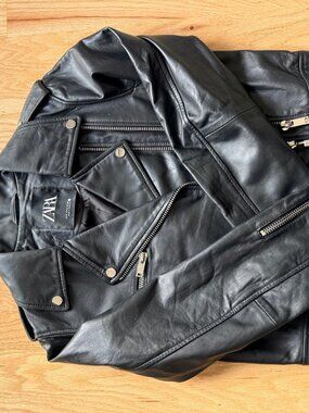 Zara Black Moto Biker Jacket Silver Hardware Size Small